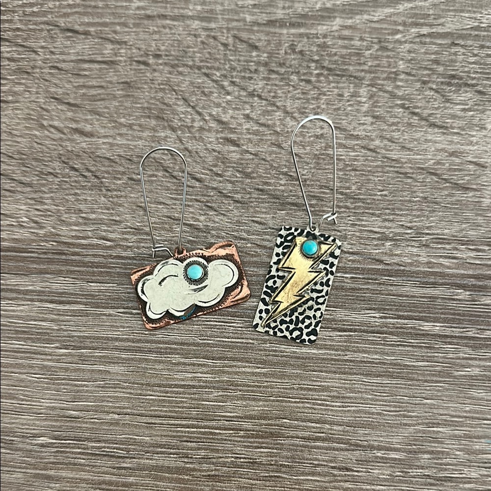 Leopard Print Lightning Bolt Earrings with Turquoise Accents